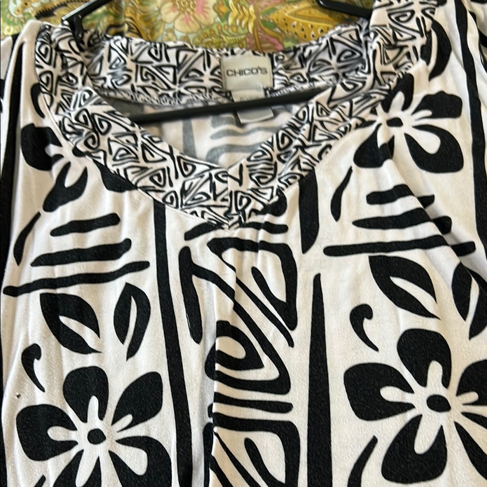 Chico's Black and White Geometric Floral Blouse